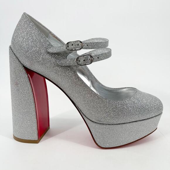 Christian Louboutin Silver Glitter Movida Jane Platform Mary Jane Pump EU 38.5 - Picture 2 of 15